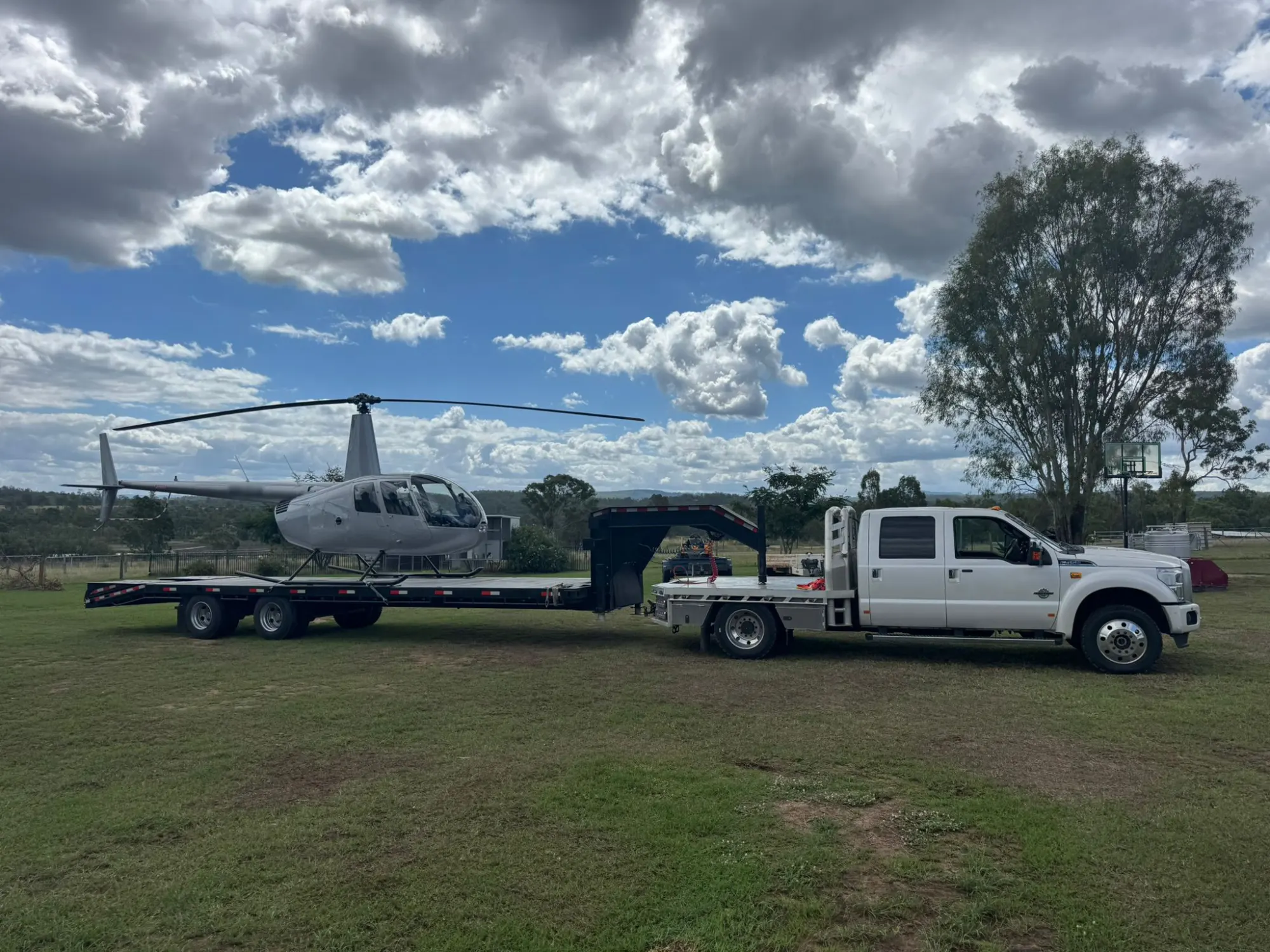 Helicopter loaded onto Tim's flatbed truck
